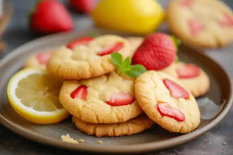 Freshly made homemade strawberry lemonade cookies served on rustic plate