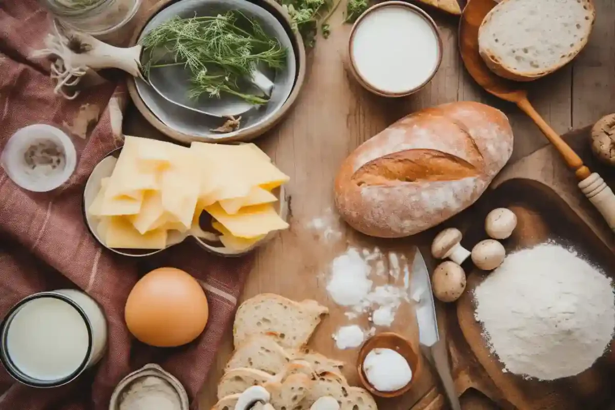 Flat lay of croque monsieur recipe vegetarian ingredients