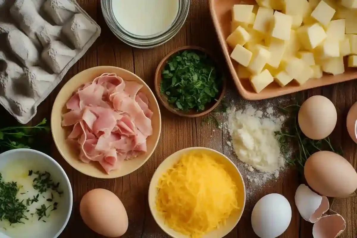Ingredients flat lay for ham and cheese omelette recipe