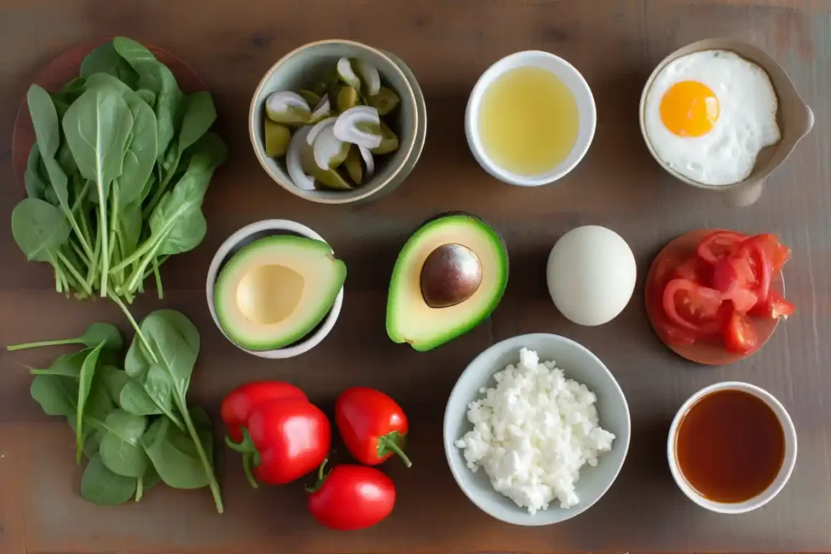 Flat lay of ingredients for healthy omelette recipe on wooden surface