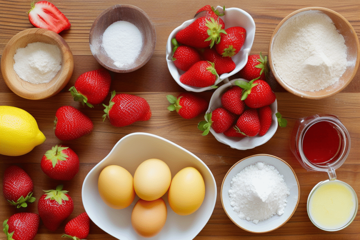 Flat lay of ingredients for homemade strawberry lemonade cookies on wooden table