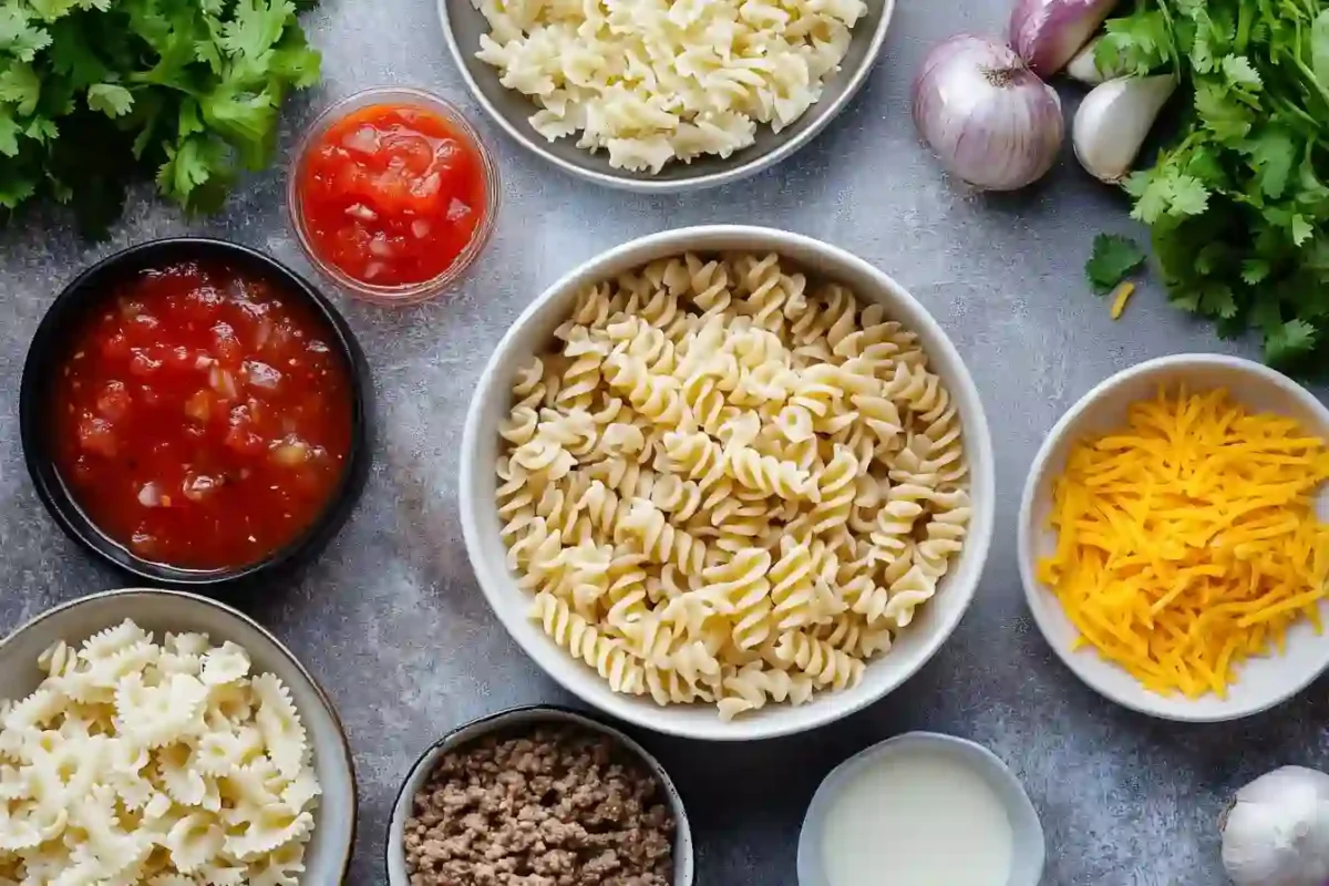 Raw ingredients laid out for One-Pan Cheesy Taco Pasta Bake
