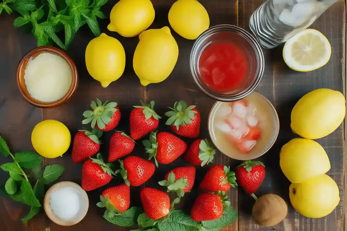 Flat lay of ingredients for strawberry lemonade with lemons on a wooden table