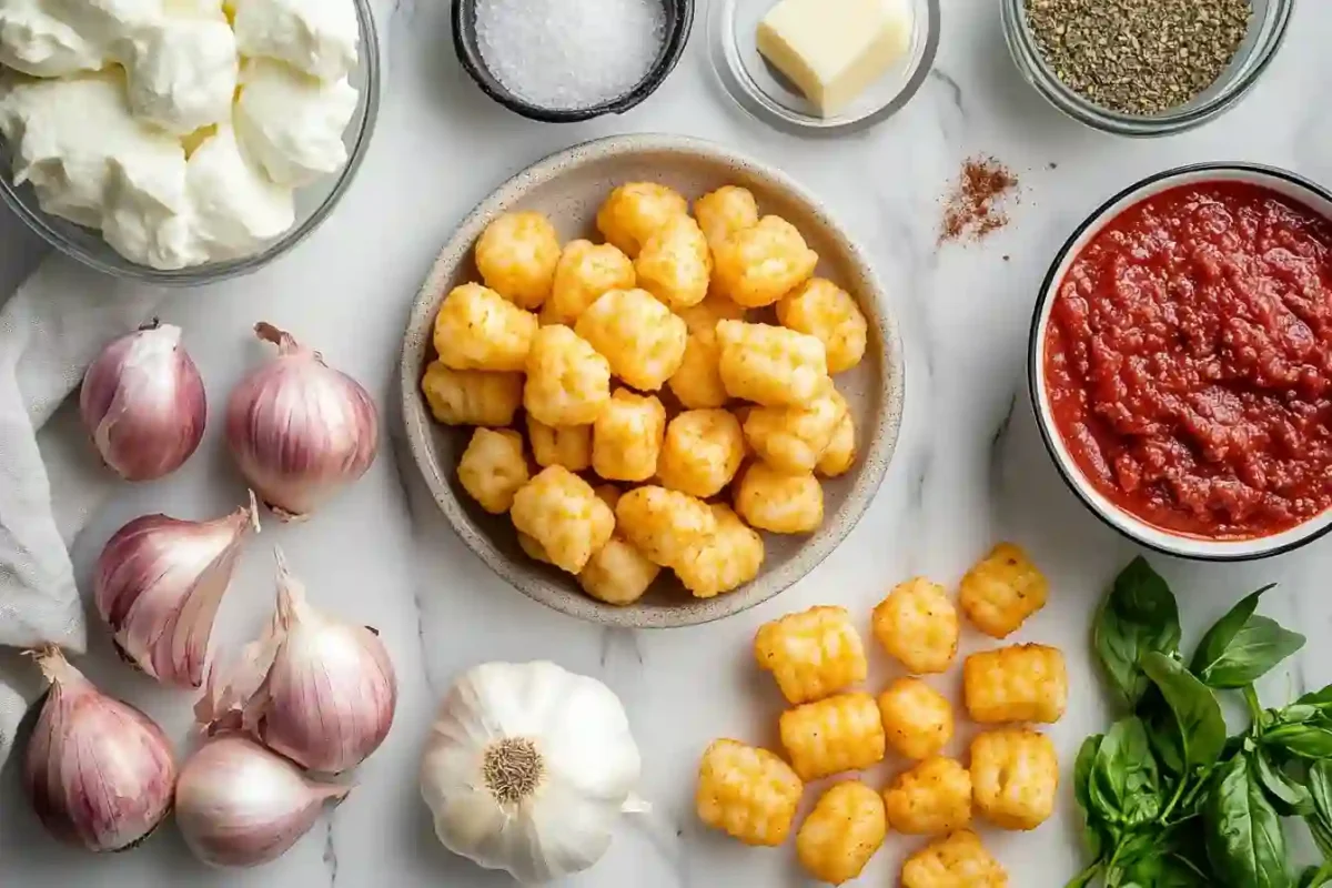 Tater Tot Pizza Casserole ingredients including beef, cheese, and sauce
