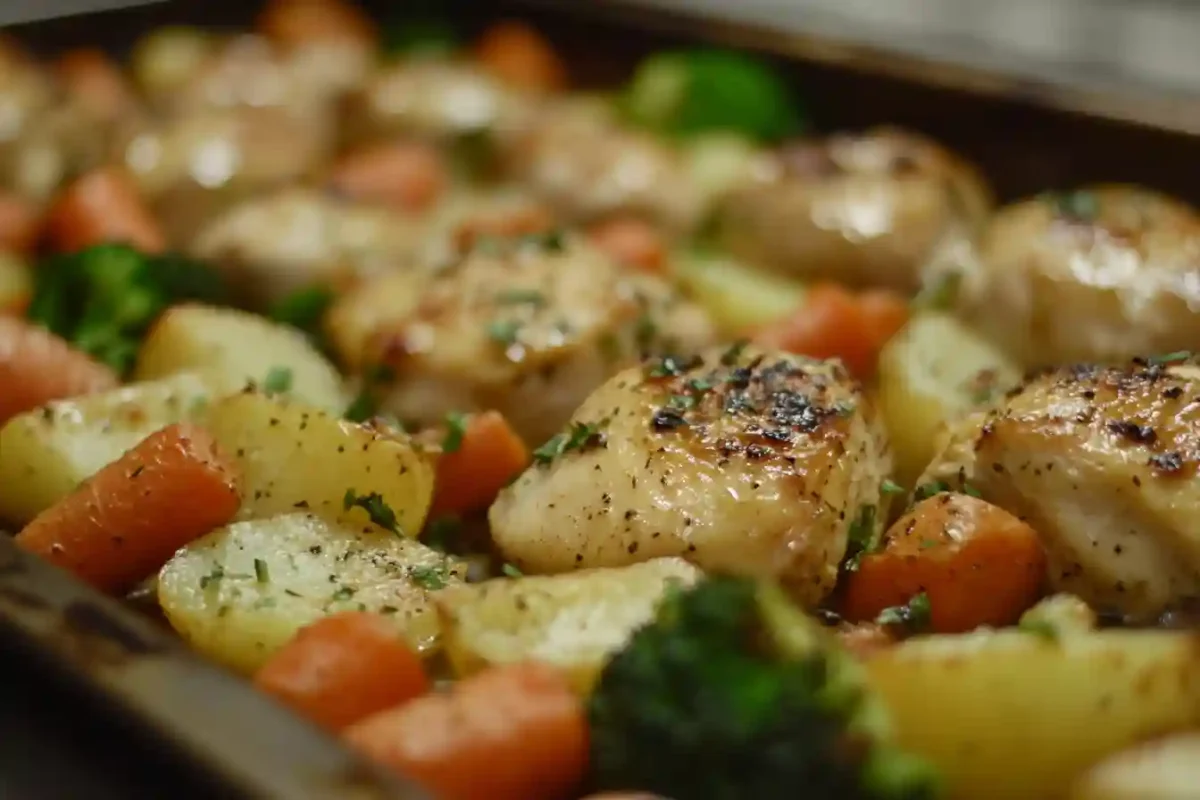 Baked make-ahead ranch chicken with red potatoes and veggies