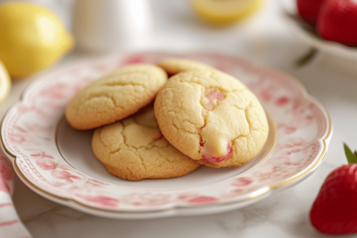 Serving homemade strawberry lemonade cookies onto a cozy family table