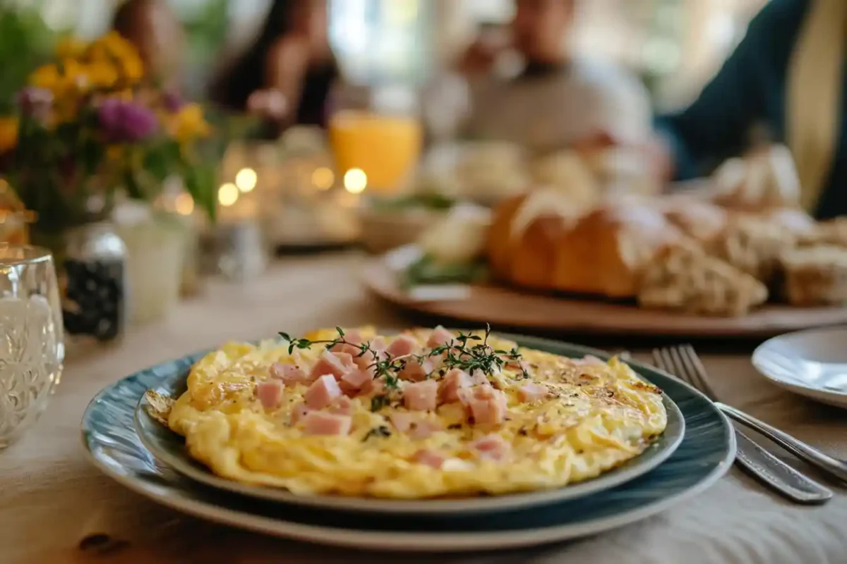 Hot ham and cheese omelette recipe served at cozy family table