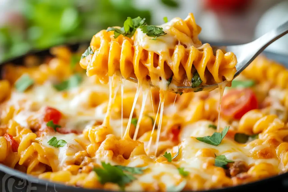 A serving of cheesy taco pasta being lifted from skillet