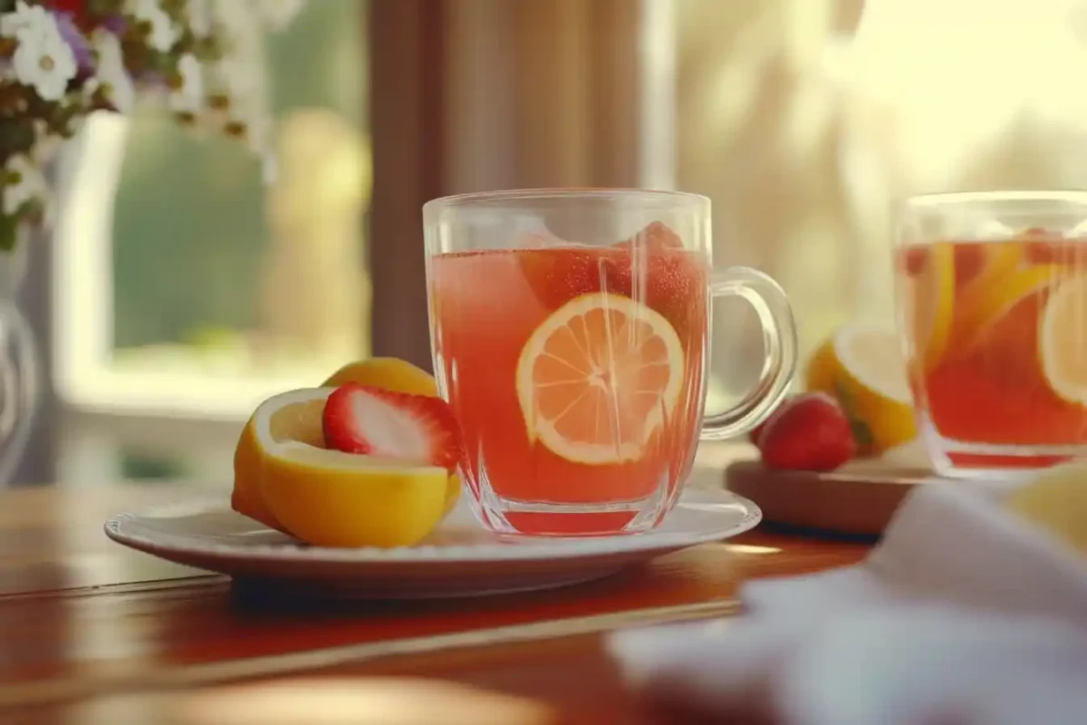 Serving a refreshing glass of strawberry lemonade with lemons at a cozy family table