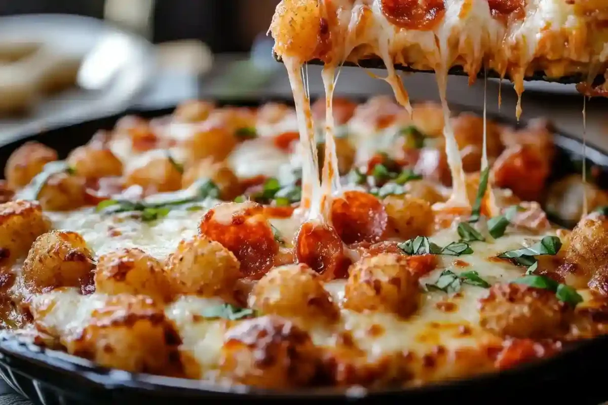 Serving a slice of Tater Tot Pizza Casserole from dish