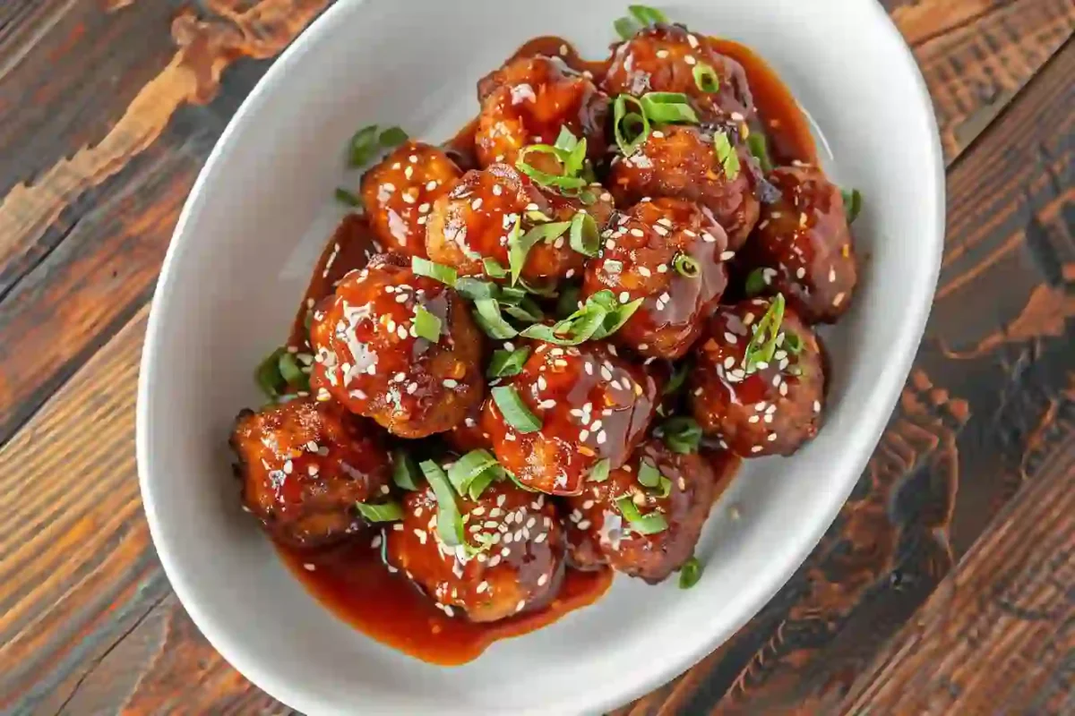 Honey-Sriracha Meatballs glazed and served with garnish