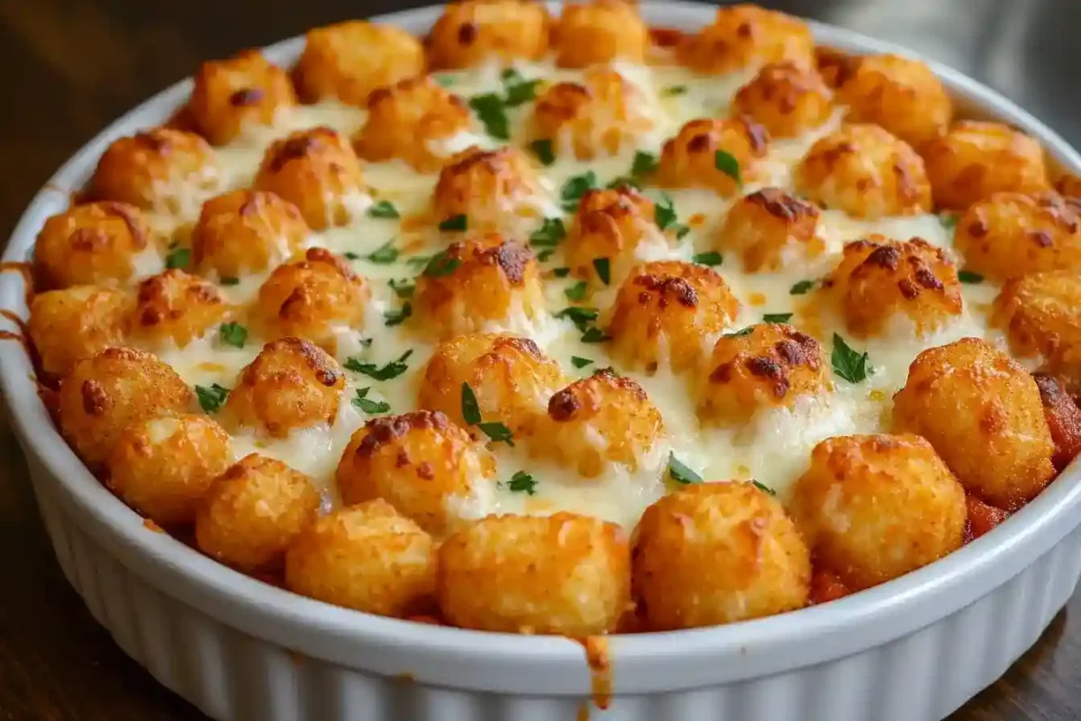 Golden-baked Tater Tot Pizza Casserole with crispy top