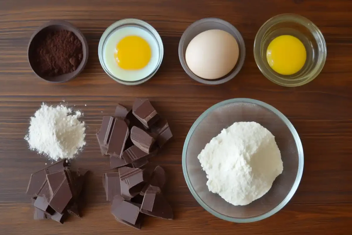Flat lay of ingredients for chocolate truffle cake with egg