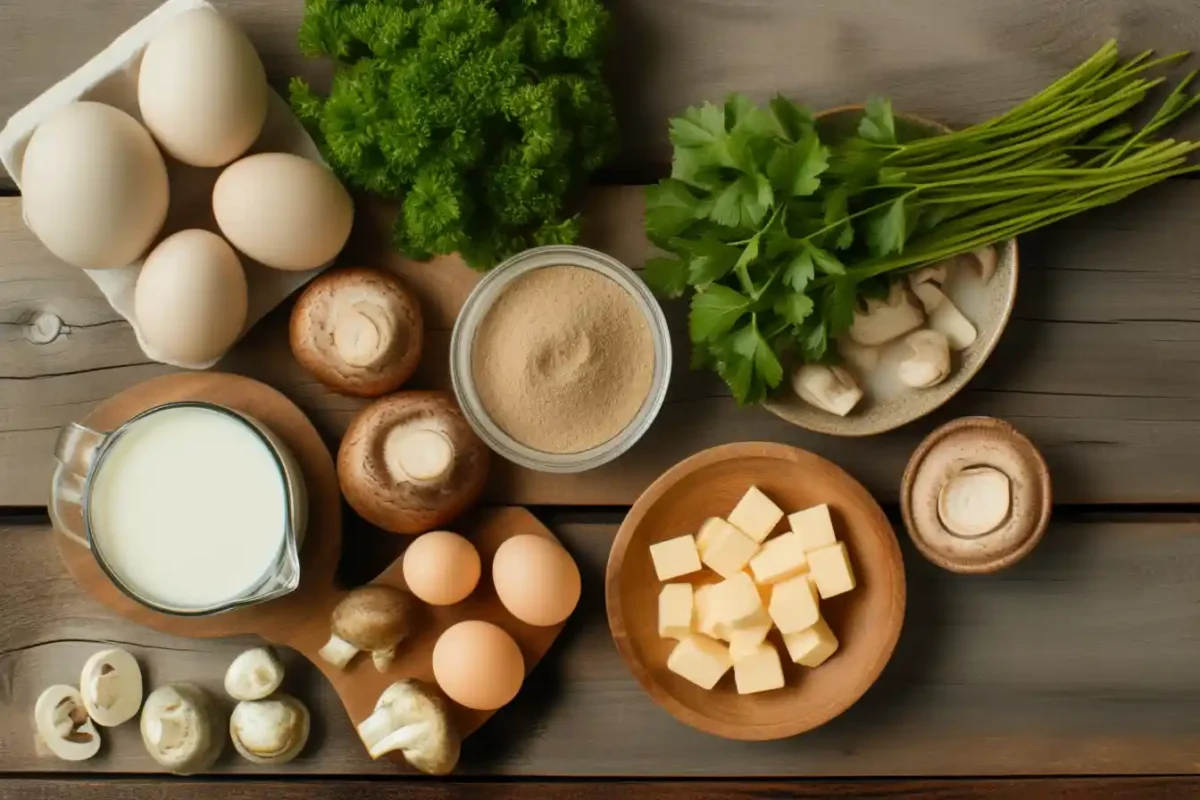 Flat lay of ingredients for omelette with chunks of mushrooms recipe