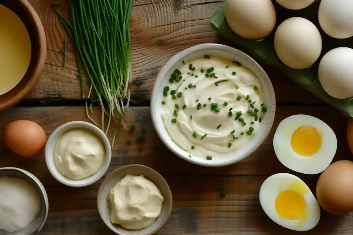 Flat lay of ingredients for white truffle oil deviled eggs