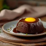 Freshly made chocolate truffle cake with egg on rustic plate