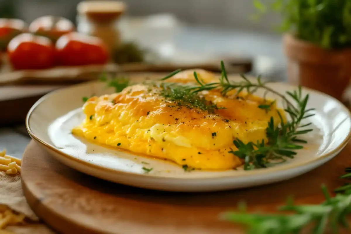 Golden four cheese egg souffle on a rustic plate in cozy kitchen
