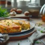 Freshly made omelette with chunks of mushrooms recipe on rustic plate