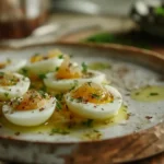 Freshly made white truffle oil deviled eggs on rustic plate