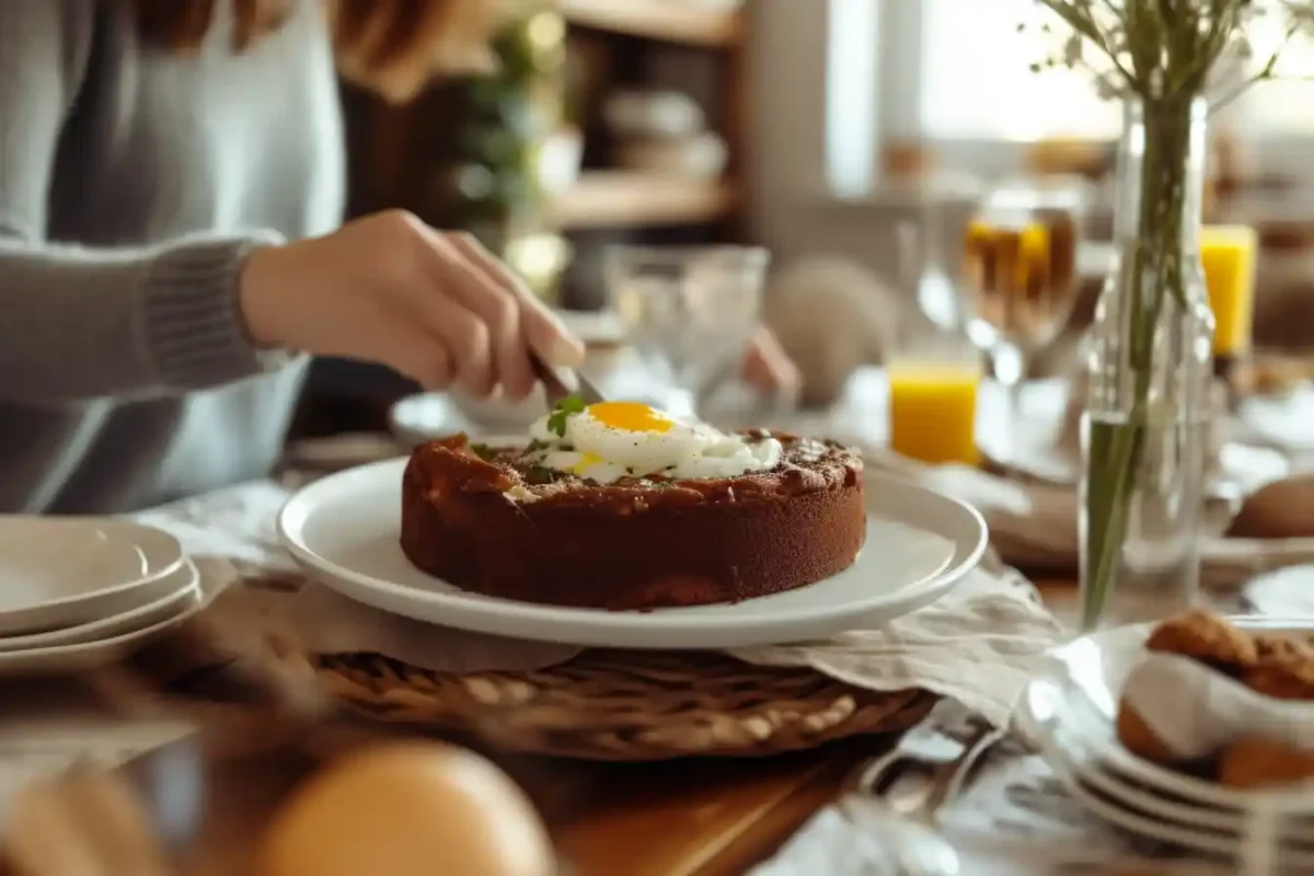 Serving hot chocolate truffle cake with egg on a plate