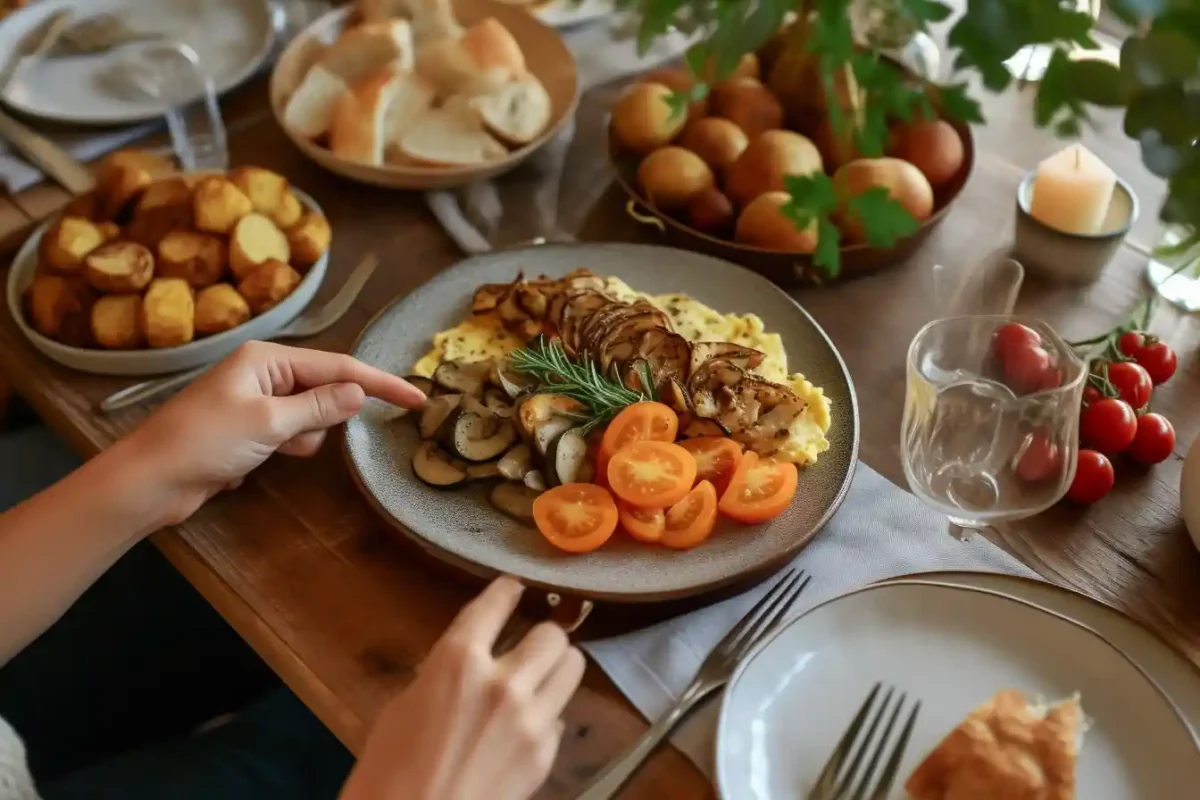 Serving omelette with chunks of mushrooms recipe onto a plate
