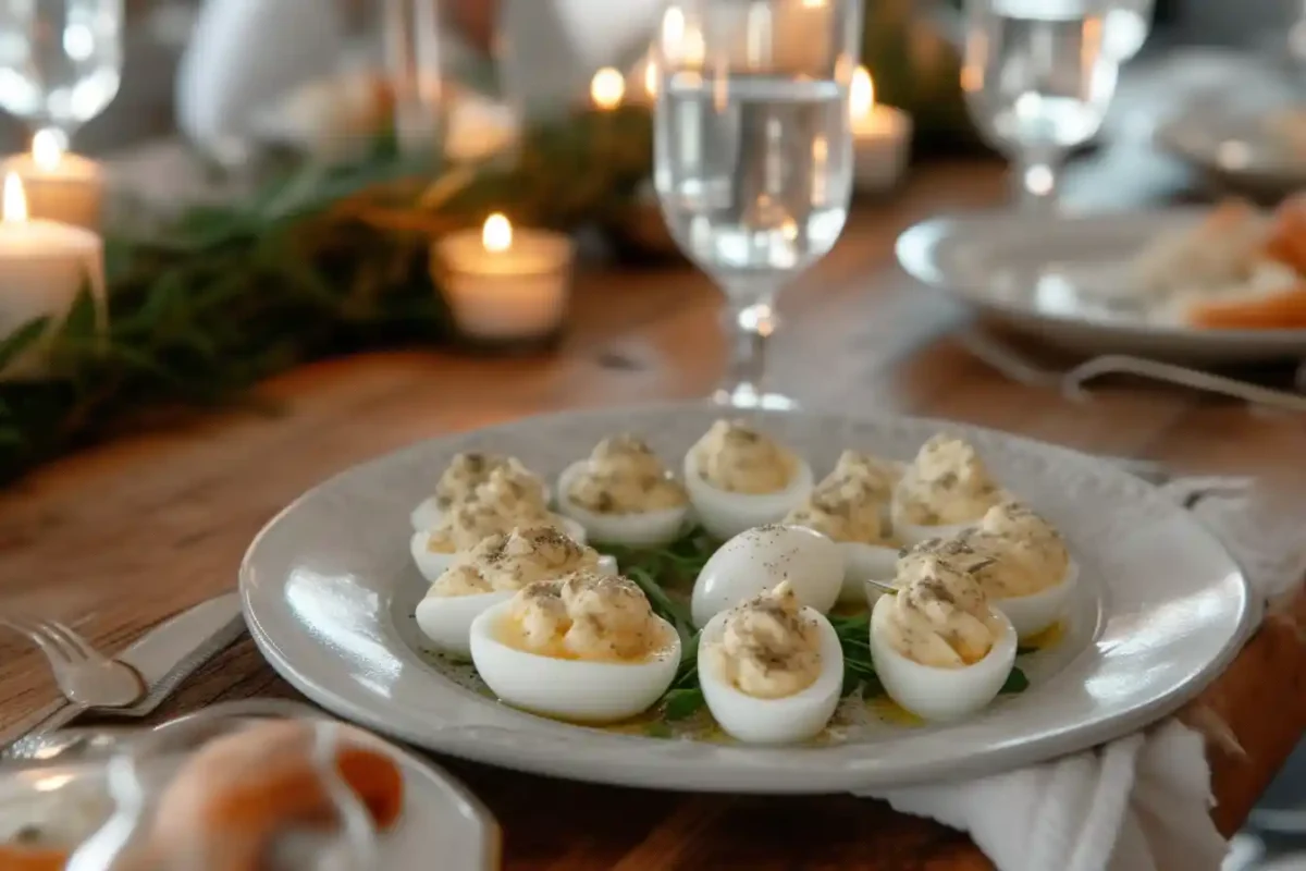 Serving white truffle oil deviled eggs onto a plate
