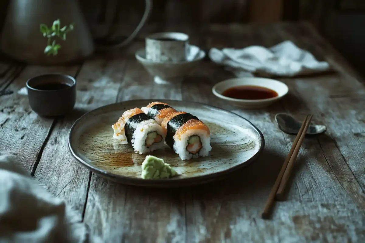 Alaskan Roll served with pickled ginger, wasabi, and soy sauce