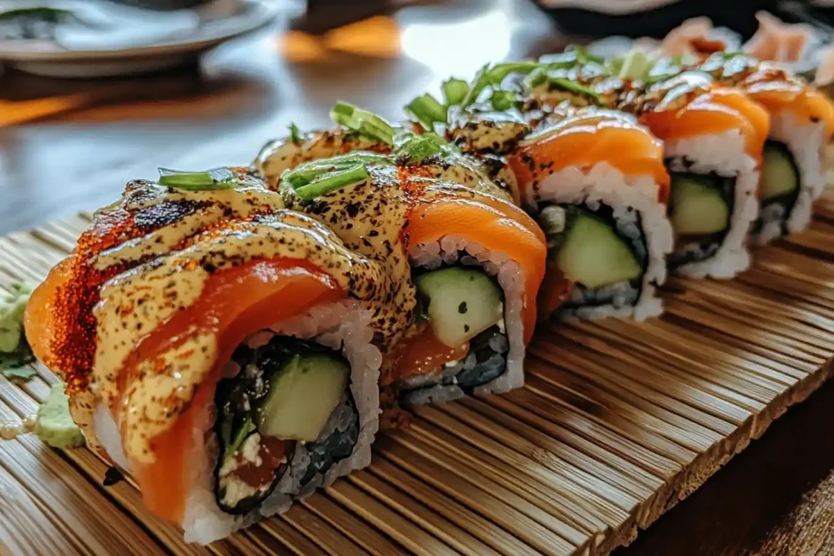 Alaskan Roll with salmon, avocado, cucumber, and nori on a bamboo mat