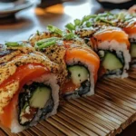 Alaskan Roll with salmon, avocado, cucumber, and nori on a bamboo mat