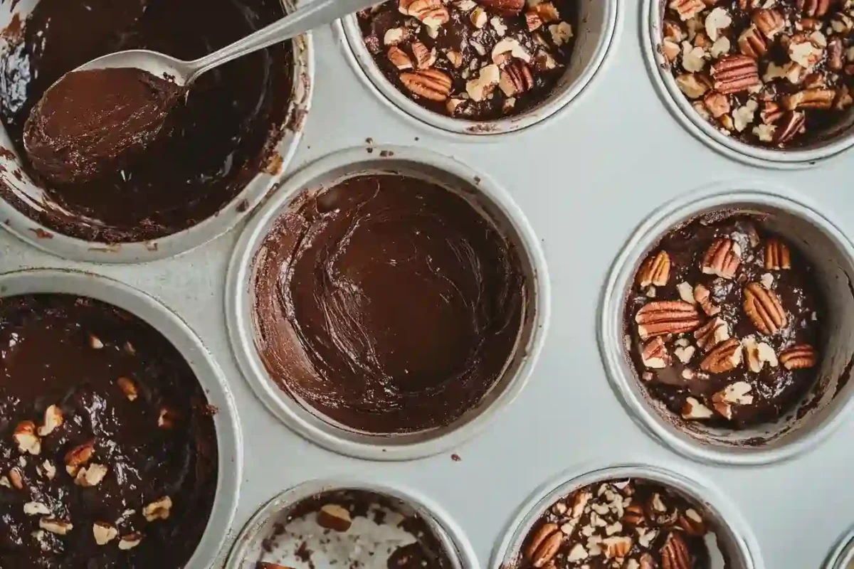 Spoon layering brownie and pecan mix in muffin tin
