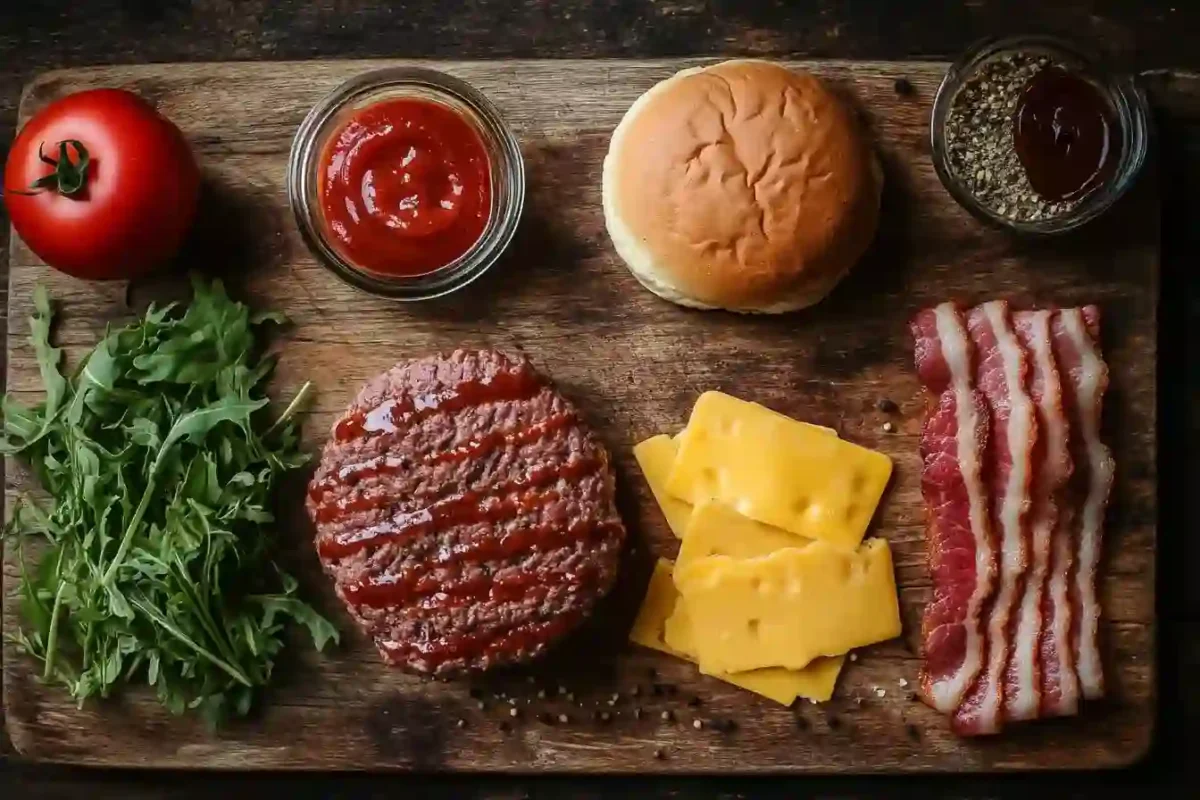 Ingredients for making BBQ Bacon Cheeseburgers on a cutting board