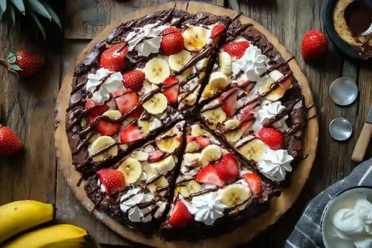 Fully assembled banana brownie pizza with fresh fruit and syrup