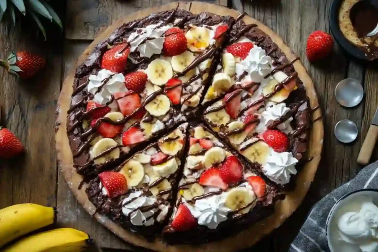 Fully assembled banana brownie pizza with fresh fruit and syrup