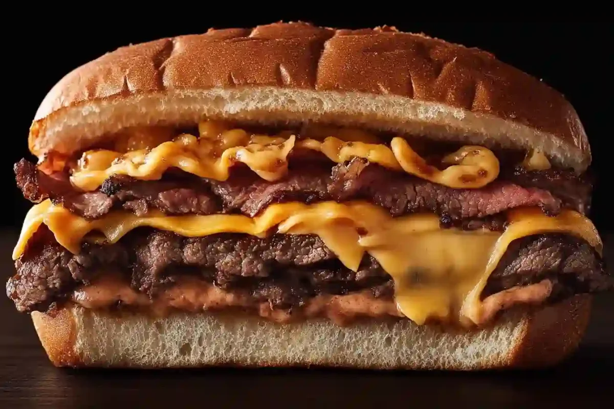Juicy beef sandwich with melted cheese and toppings
