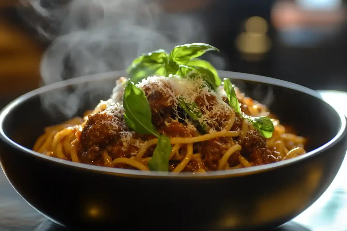 Bowl of spaghetti with beef and sausage sauce