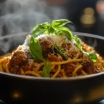 Bowl of spaghetti with beef and sausage sauce