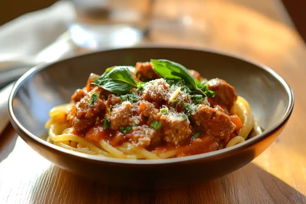 Spaghetti served with hearty beef and sausage sauce garnished with Parmesan and basil