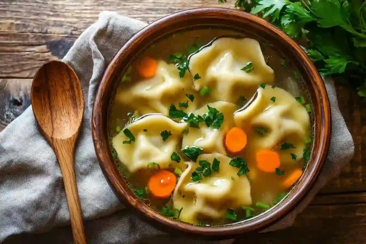 Homemade Pierogi Soup served in a white bowl on a rustic wooden table