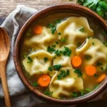 Homemade Pierogi Soup served in a white bowl on a rustic wooden table