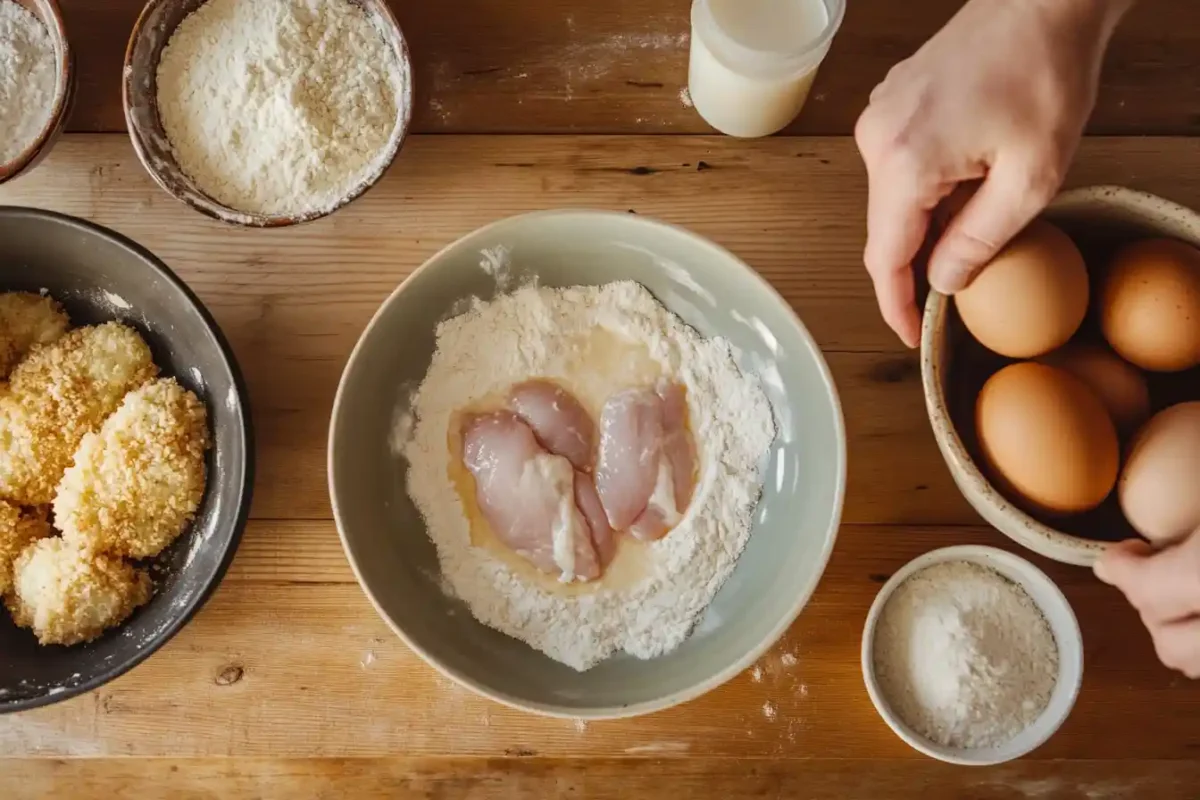 Chicken cutlet being coated with panko breadcrumbs in a home kitchen