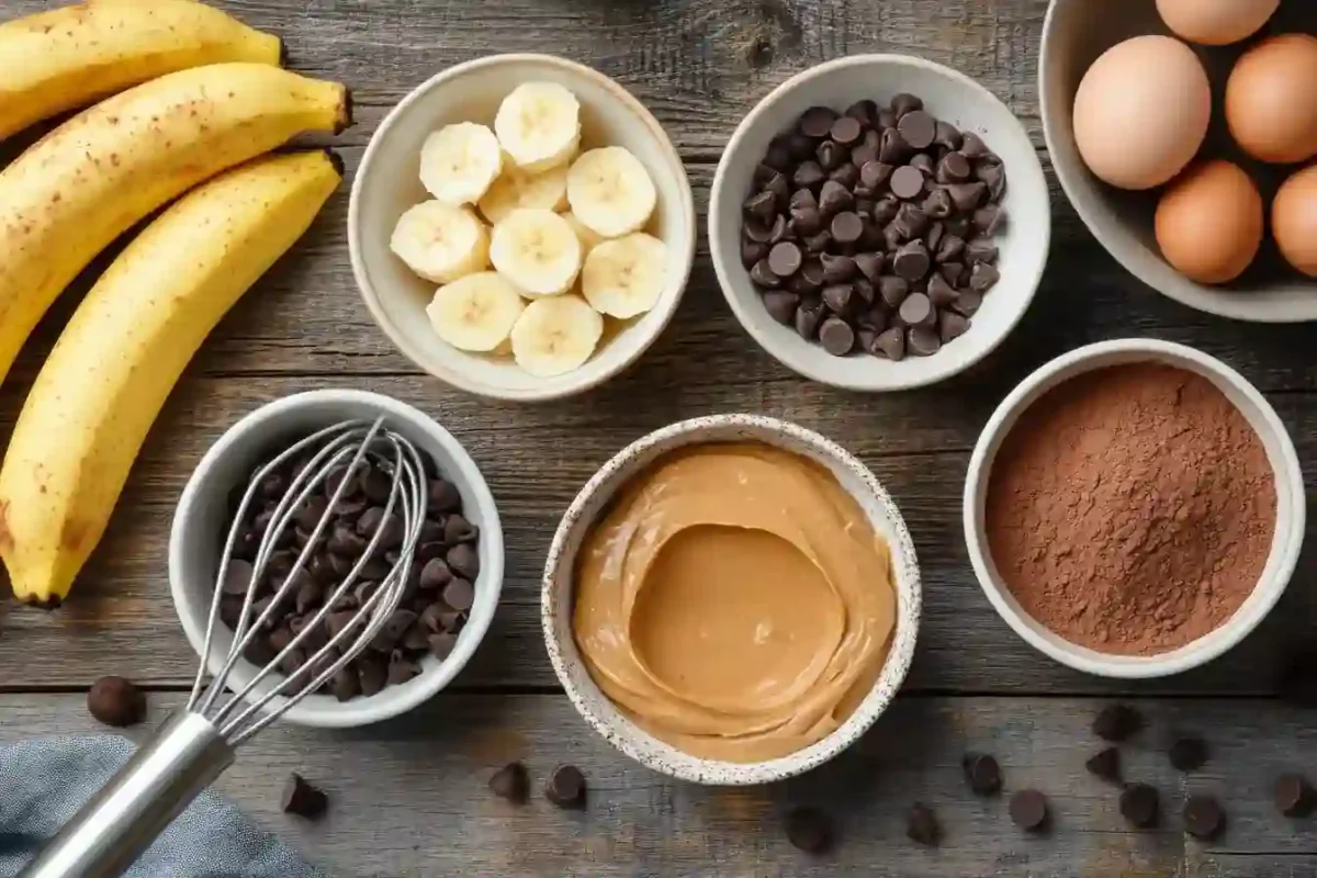 Ingredients for banana peanut butter brownie laid out on counter