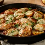 Skillet of buffalo wild wings garlic parmesan chicken and potatoes