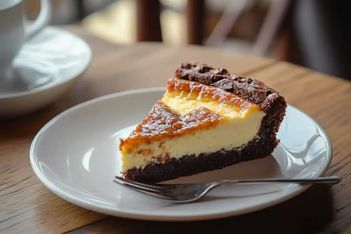 Slice of caramel brownie cheesecake with caramel drizzle