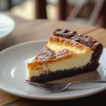 Slice of caramel brownie cheesecake with caramel drizzle