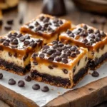 Freshly sliced caramel cheesecake bars with visible chocolate chips