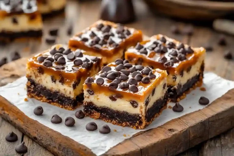 Freshly sliced caramel cheesecake stuffed chocolate chip cookie bars with visible chocolate chips