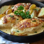 Skillet of cheesy garlic parmesan chicken and potatoes