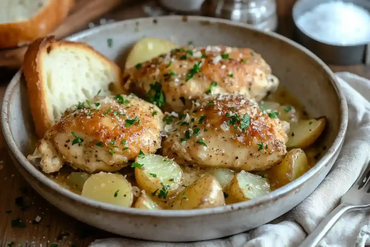 Bowl of cheesy garlic parmesan chicken and potatoes served with parsley garnish