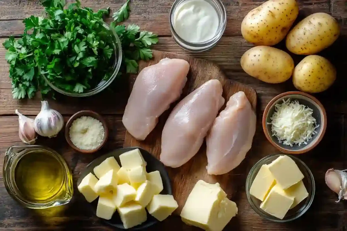 Ingredients for cheesy garlic parmesan chicken and potatoes laid out on a wooden counter