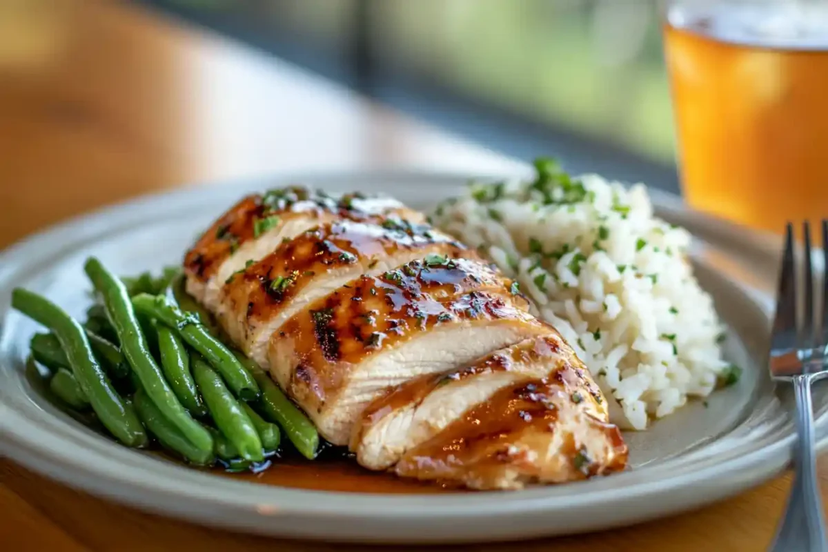 Sliced chicken breast with French dressing glaze on plate